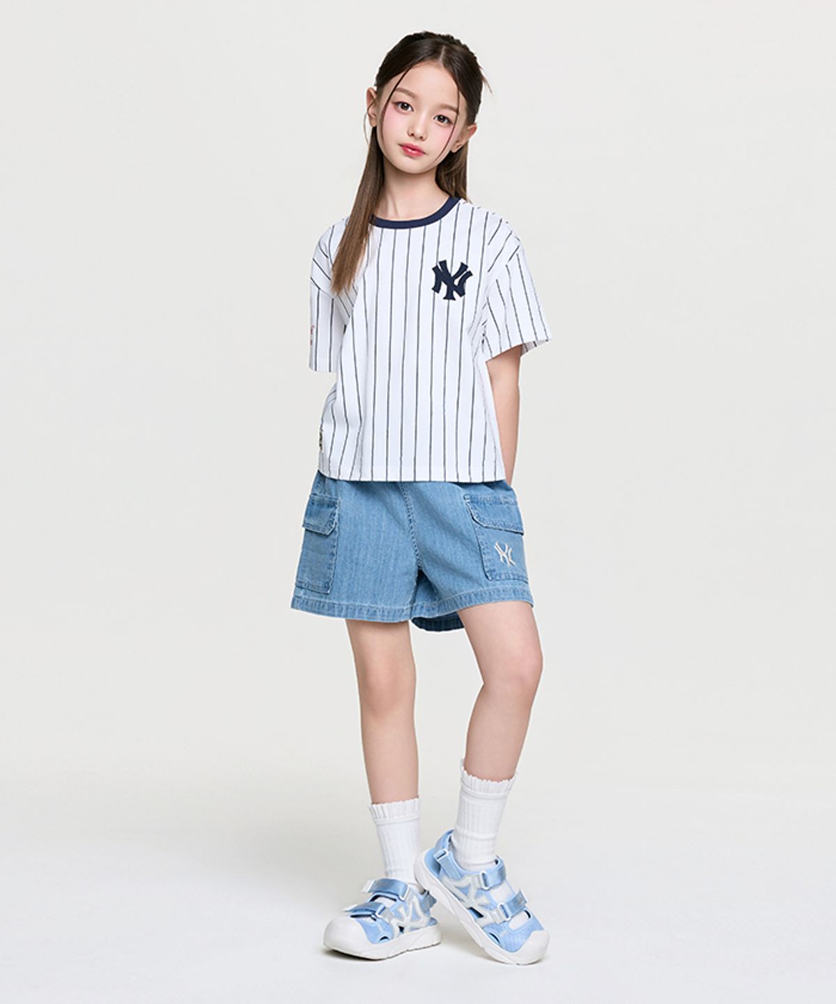 엠엘비 키즈(MLB KIDS) 스트릿 베이직 스트라이프 데님 티셔츠세트(여아) NY (L.Blue)