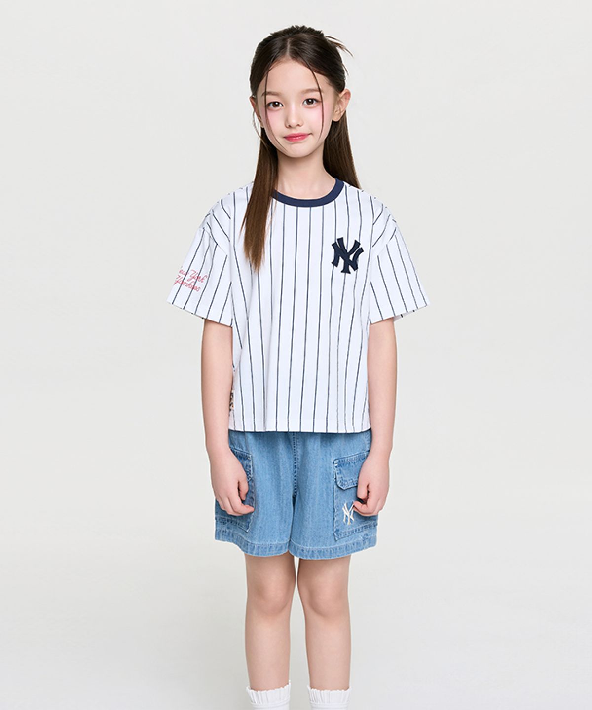 엠엘비 키즈(MLB KIDS) 스트릿 베이직 스트라이프 데님 티셔츠세트(여아) NY (L.Blue)