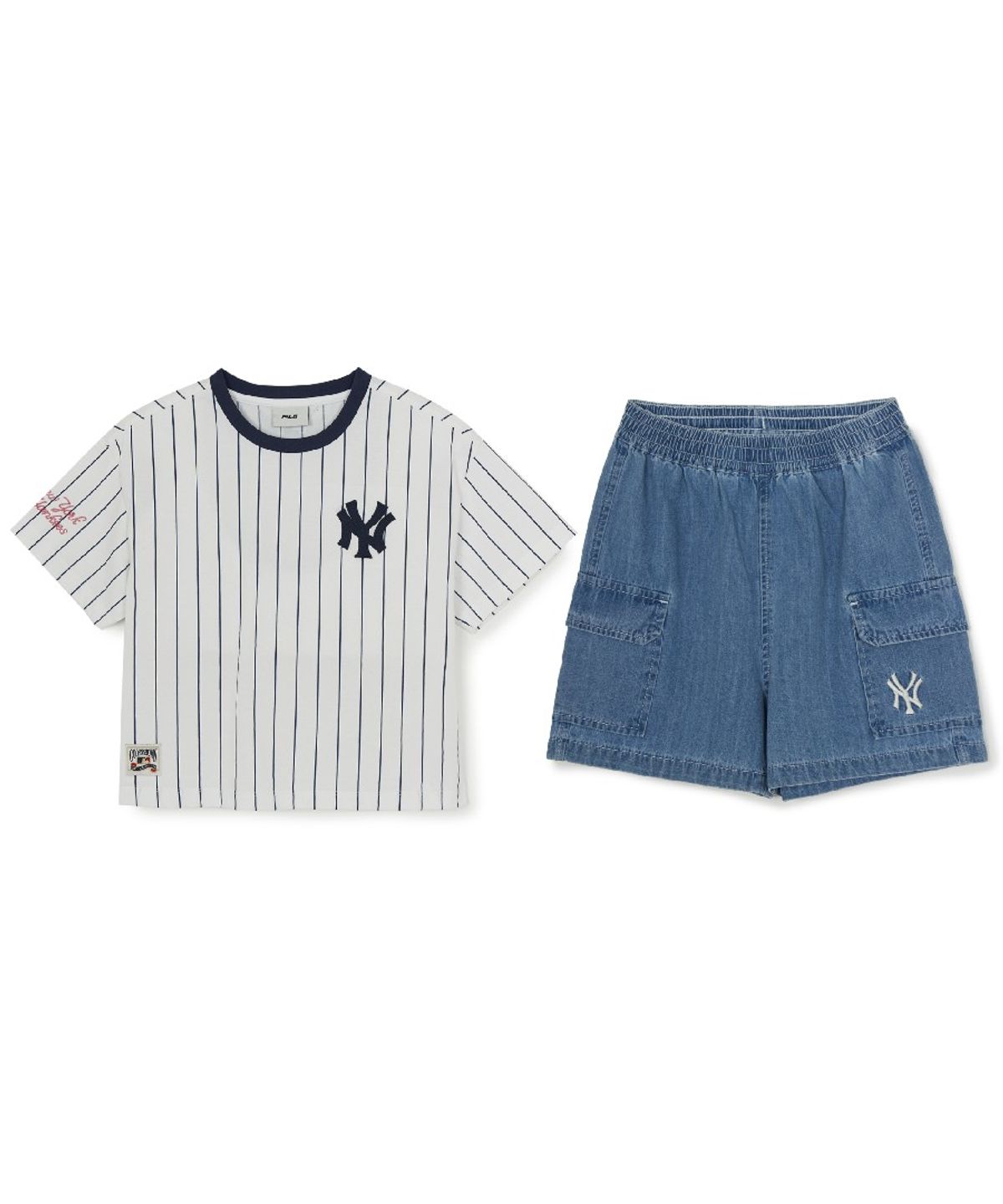 엠엘비 키즈(MLB KIDS) 스트릿 베이직 스트라이프 데님 티셔츠세트(여아) NY (L.Blue)