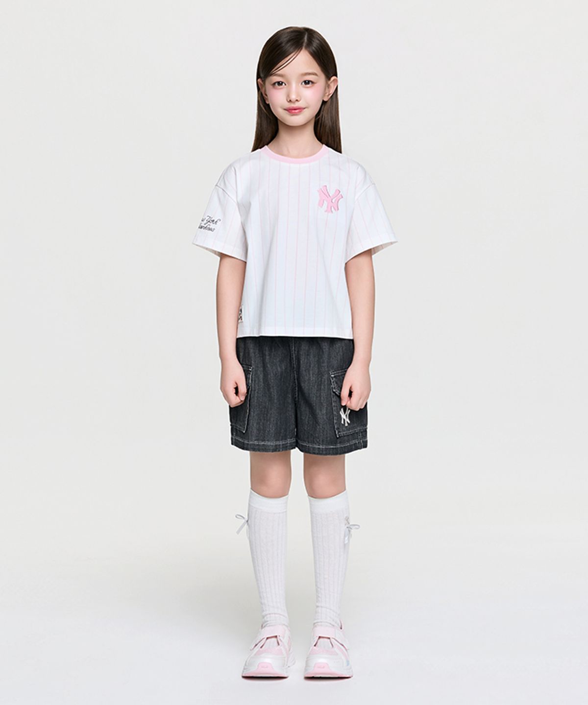 엠엘비 키즈(MLB KIDS) 스트릿 베이직 스트라이프 데님 티셔츠세트(여아) NY (L.Grey)
