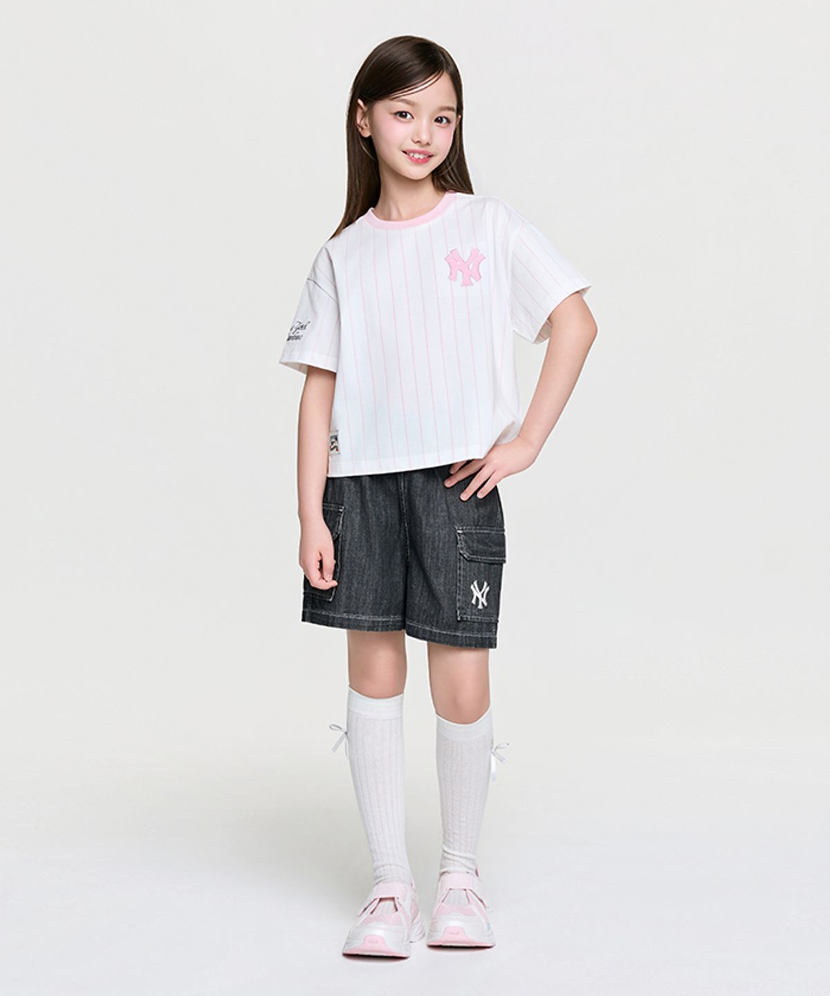 엠엘비 키즈(MLB KIDS) 스트릿 베이직 스트라이프 데님 티셔츠세트(여아) NY (L.Grey)
