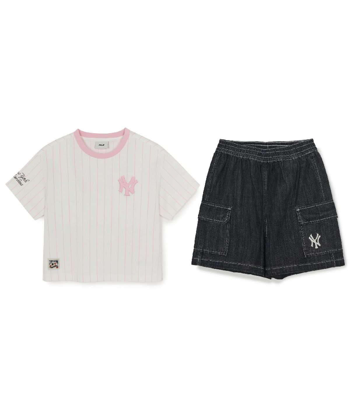 엠엘비 키즈(MLB KIDS) 스트릿 베이직 스트라이프 데님 티셔츠세트(여아) NY (L.Grey)