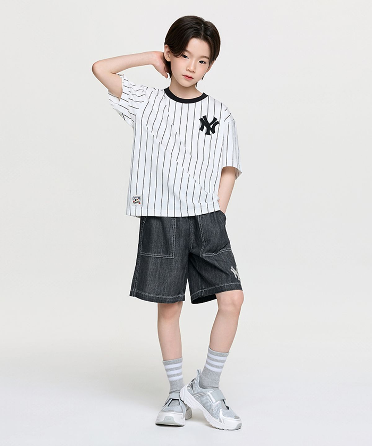 엠엘비 키즈(MLB KIDS) 스트릿 베이직 스트라이프 데님 티셔츠세트 NY (L.Grey)