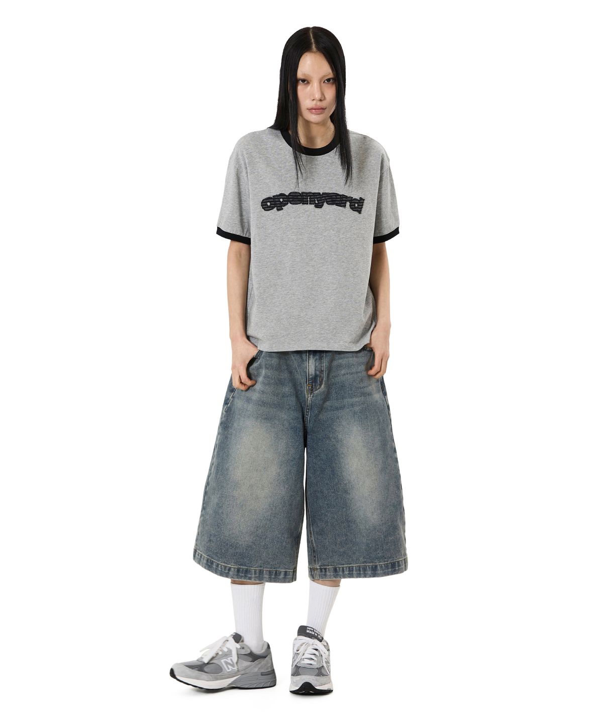 오픈야드(오와이)(OPENYARD(OY)) OPYD STRIPE PATCH RINGER TEE - MELANGE