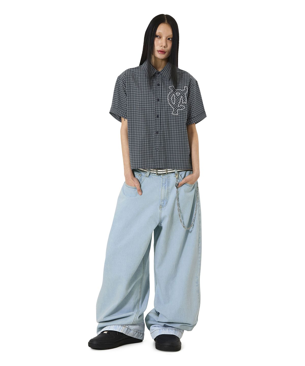 오픈야드(오와이)(OPENYARD(OY)) STAMPED CHECK LOGO S/S SHIRT - NAVY