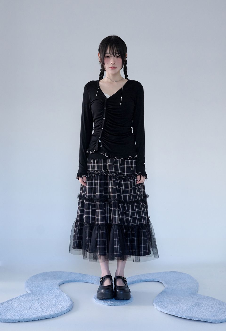 MUSINSA公式 | MIRECO ASYMMETRIC SHIRRING LACE CARDIGAN BLACK
