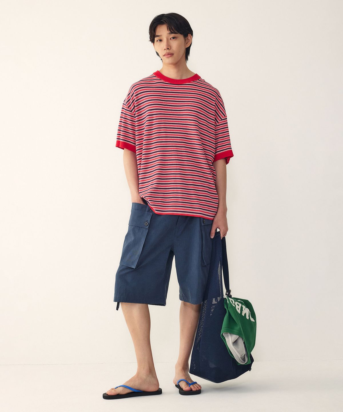 스튜디오 톰보이(STUDIO TOMBOY) [MEN] 라운드넥 스트라이프 반팔 니트_레드 9156252211