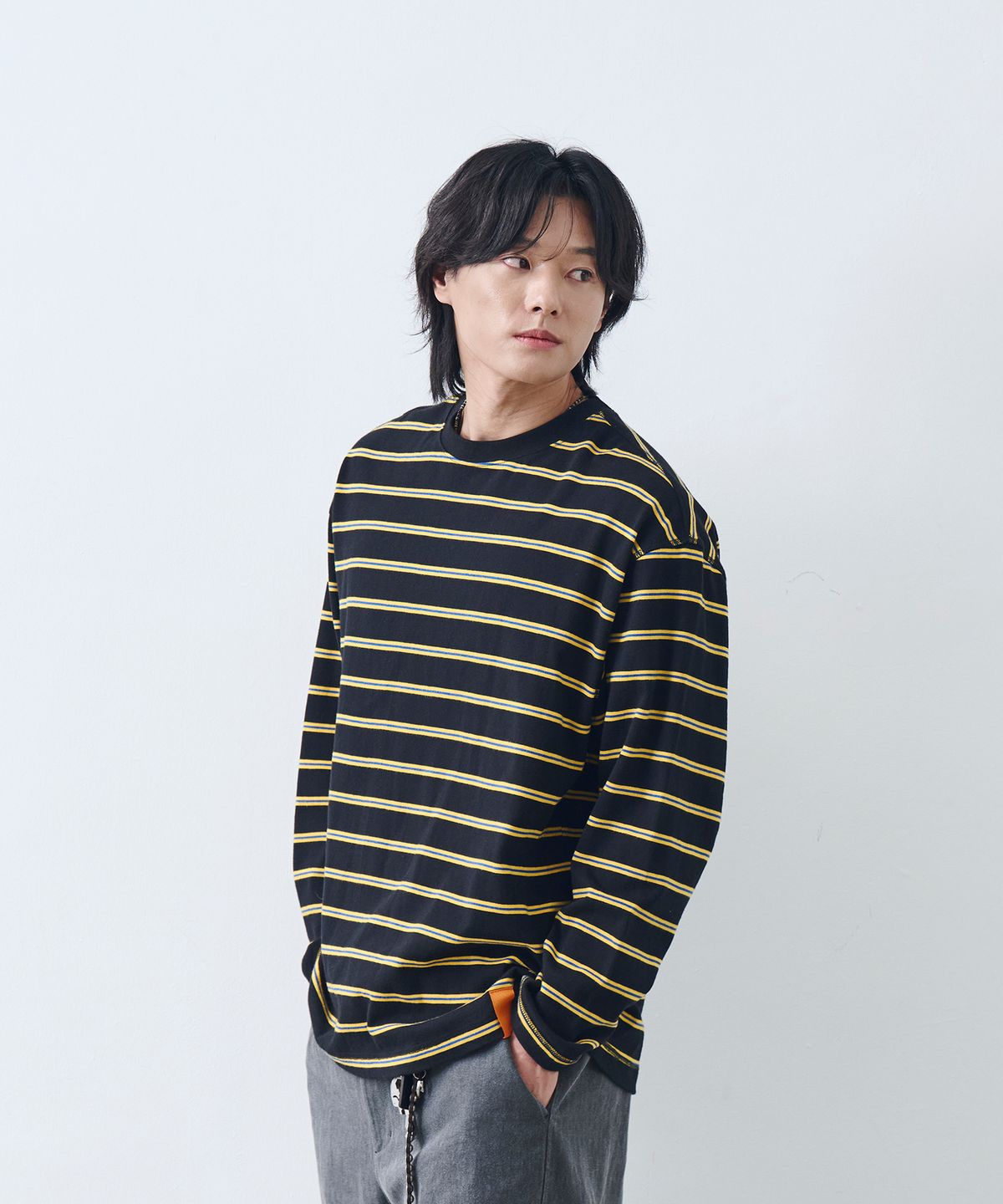논타입(NONTYPE) STRIPE COMFY L/S T-SHIRTS (YELLOW)