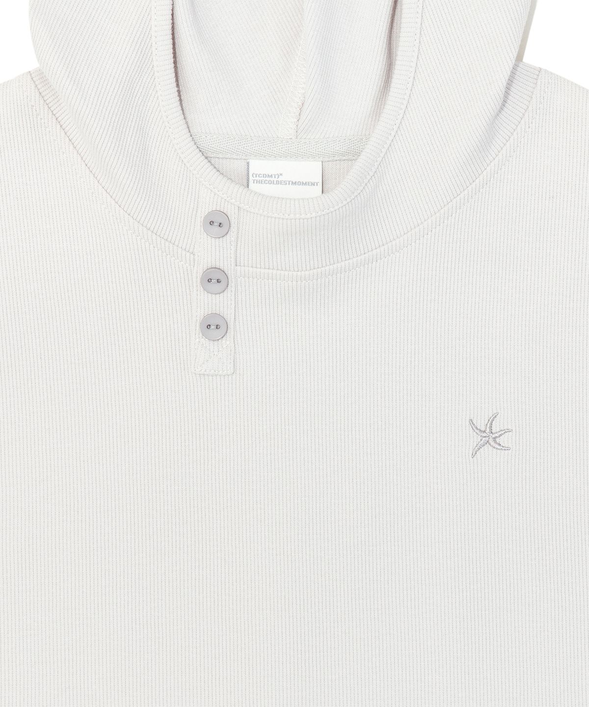 더콜디스트모먼트(THE COLDEST MOMENT) (w) TCM henley neck hooded sleeveless T (light grey)