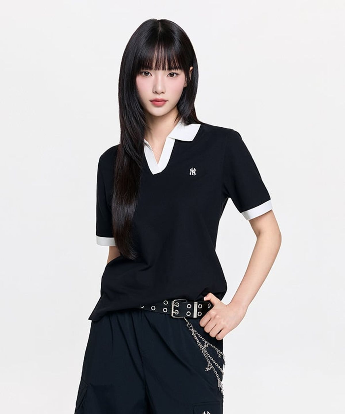 엠엘비(MLB) 여성 베이직 오픈카라 슬림핏 카라 티셔츠 NY (Black)