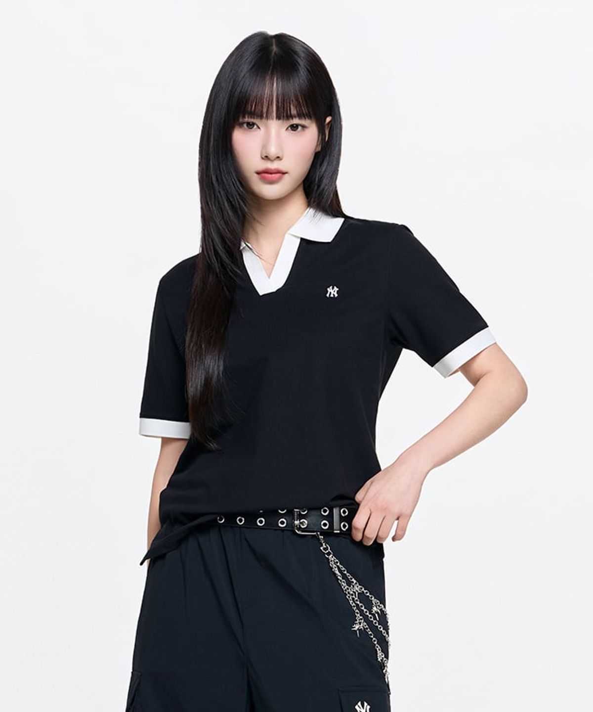 엠엘비(MLB) 여성 베이직 오픈카라 슬림핏 카라 티셔츠 NY (Black)