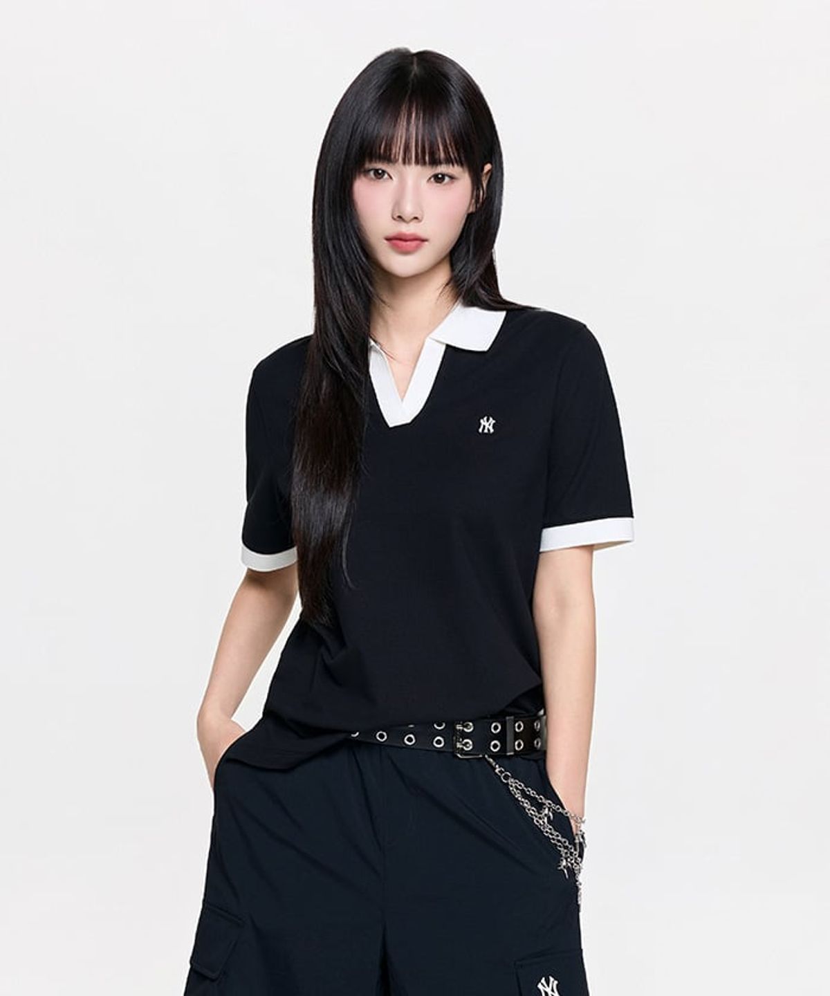 엠엘비(MLB) 여성 베이직 오픈카라 슬림핏 카라 티셔츠 NY (Black)