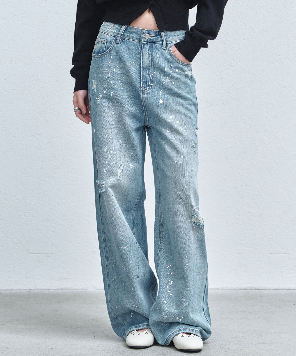 닉앤니콜(NICK&NICOLE) DISTRESSED PAINT SPLATTER DENIM PANTS_BLUE