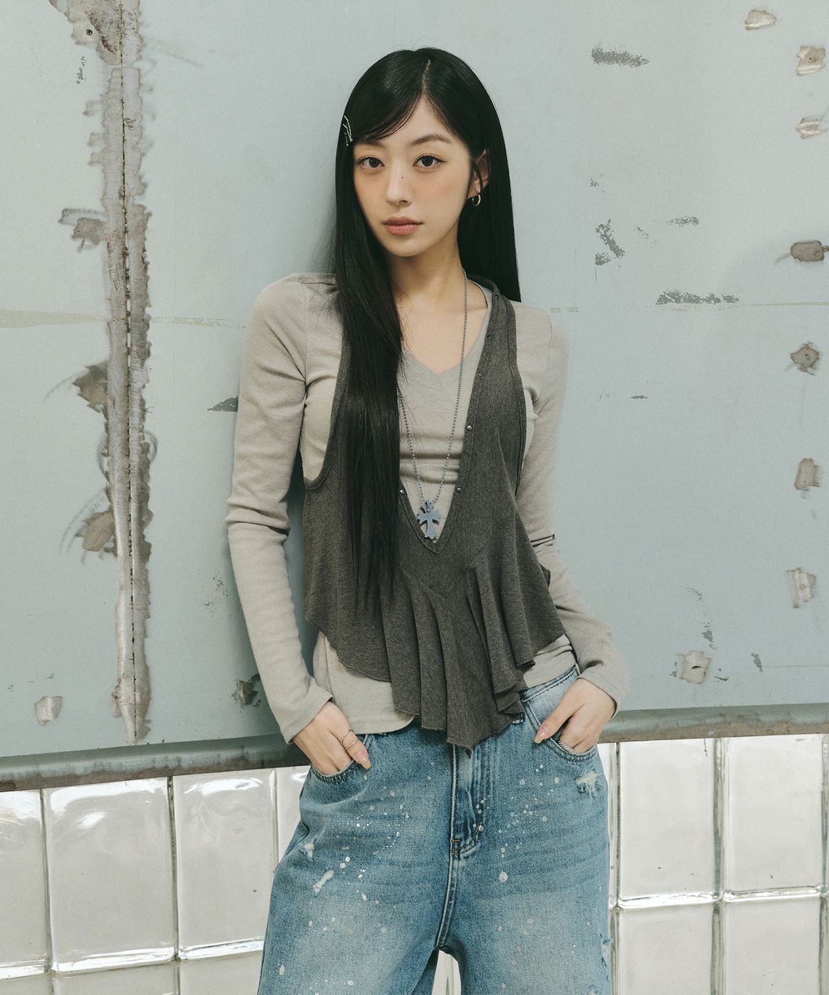 닉앤니콜(NICK&NICOLE) DISTRESSED PAINT SPLATTER DENIM PANTS_BLUE