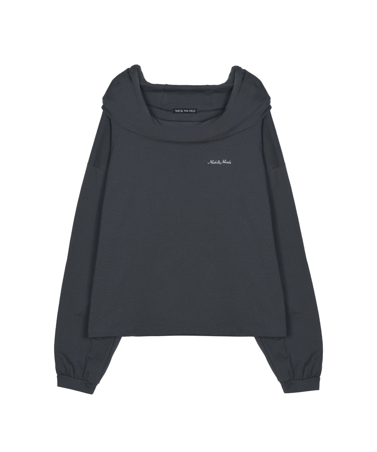 닉앤니콜(NICK&NICOLE) DRAPED HOOD OFF SHOULDER TOP_CHARCOAL