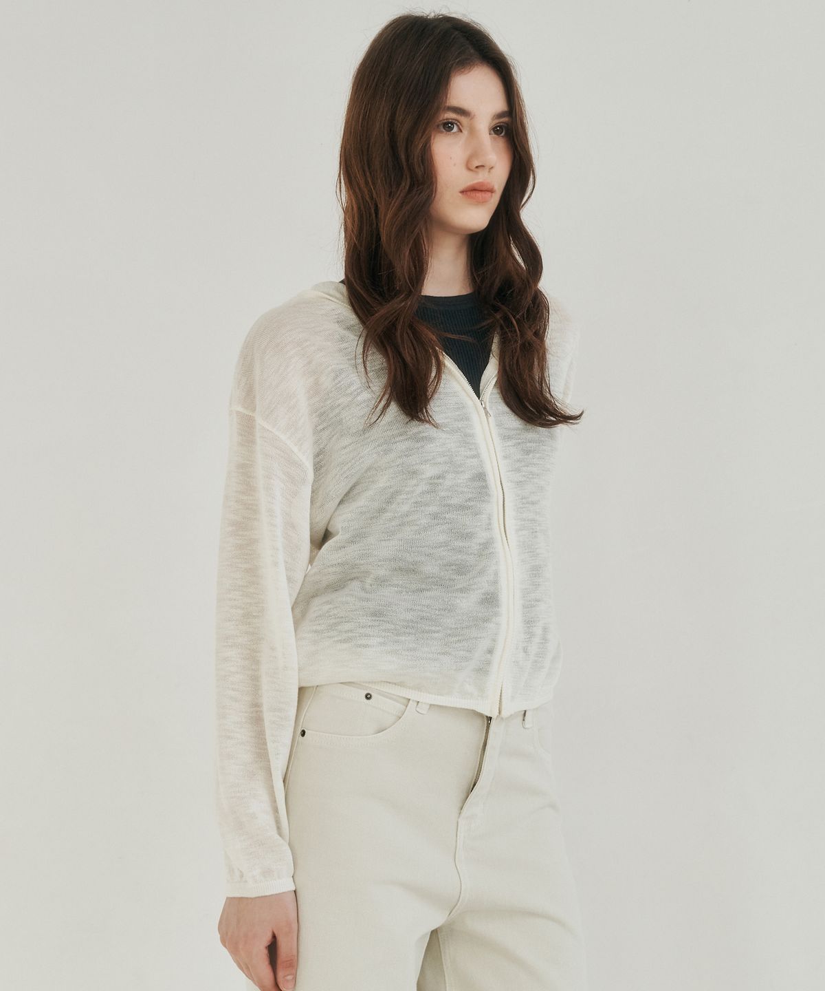 로시로우(LOSSYROW) Light zip-up knit hoodie ivory