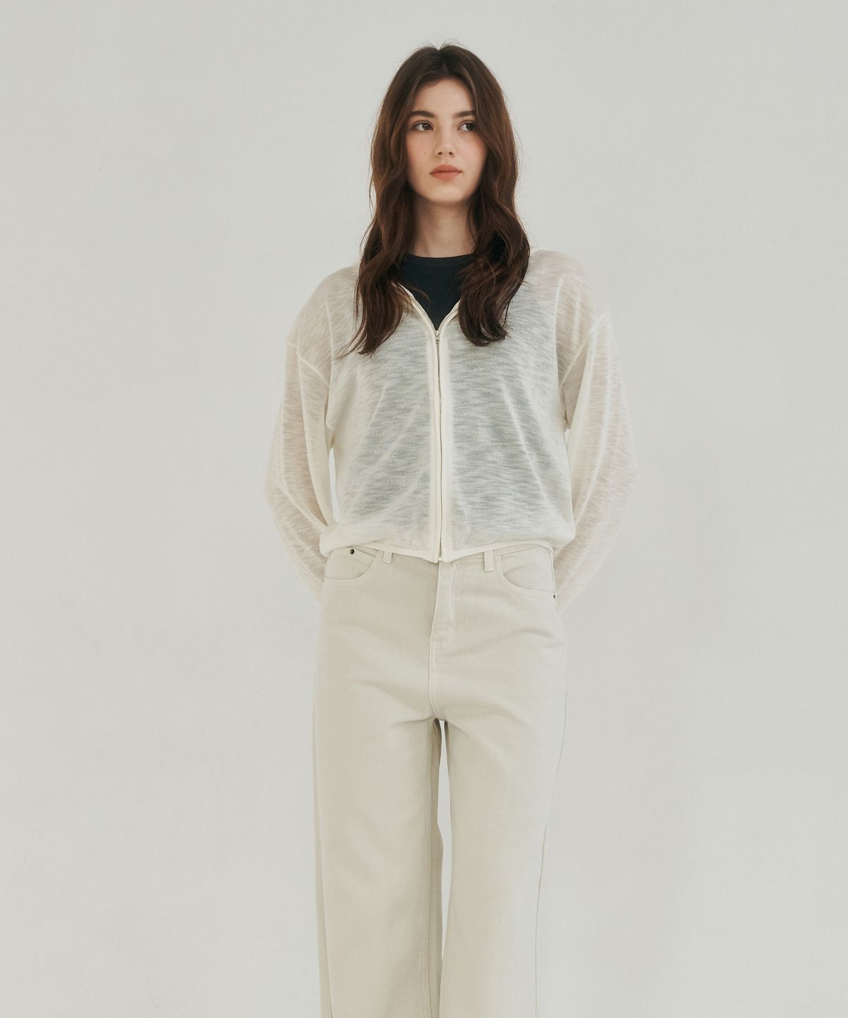 로시로우(LOSSYROW) Light zip-up knit hoodie ivory