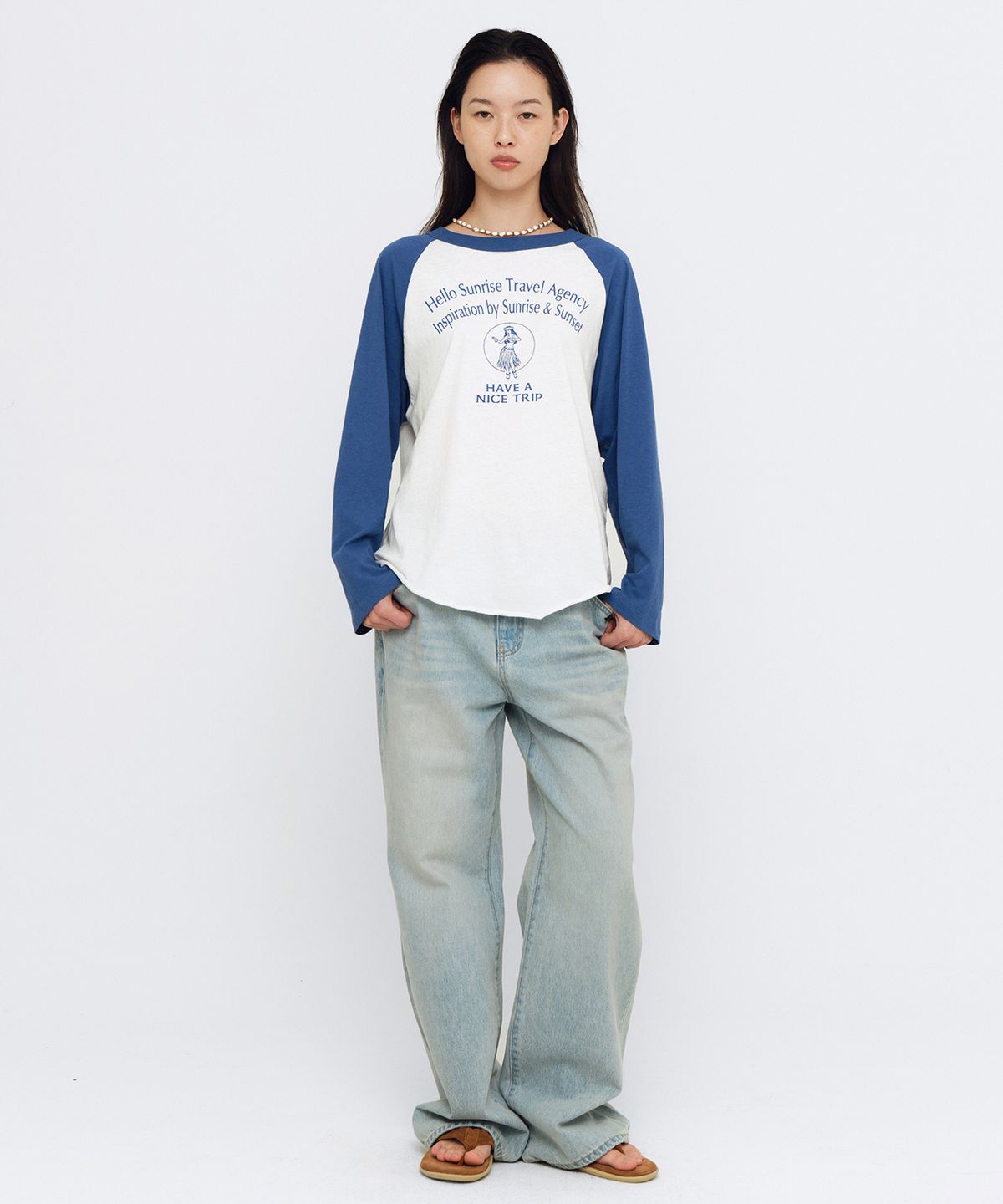 헬로 선라이즈(HELLO SUNRISE) Hula Girl Raglan Tee(W)_White & Blue