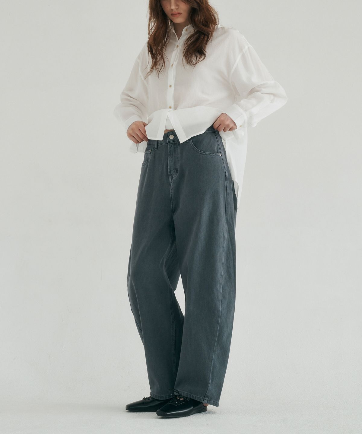 로시로우(LOSSYROW) Curved wide denim pants  blue charcoal