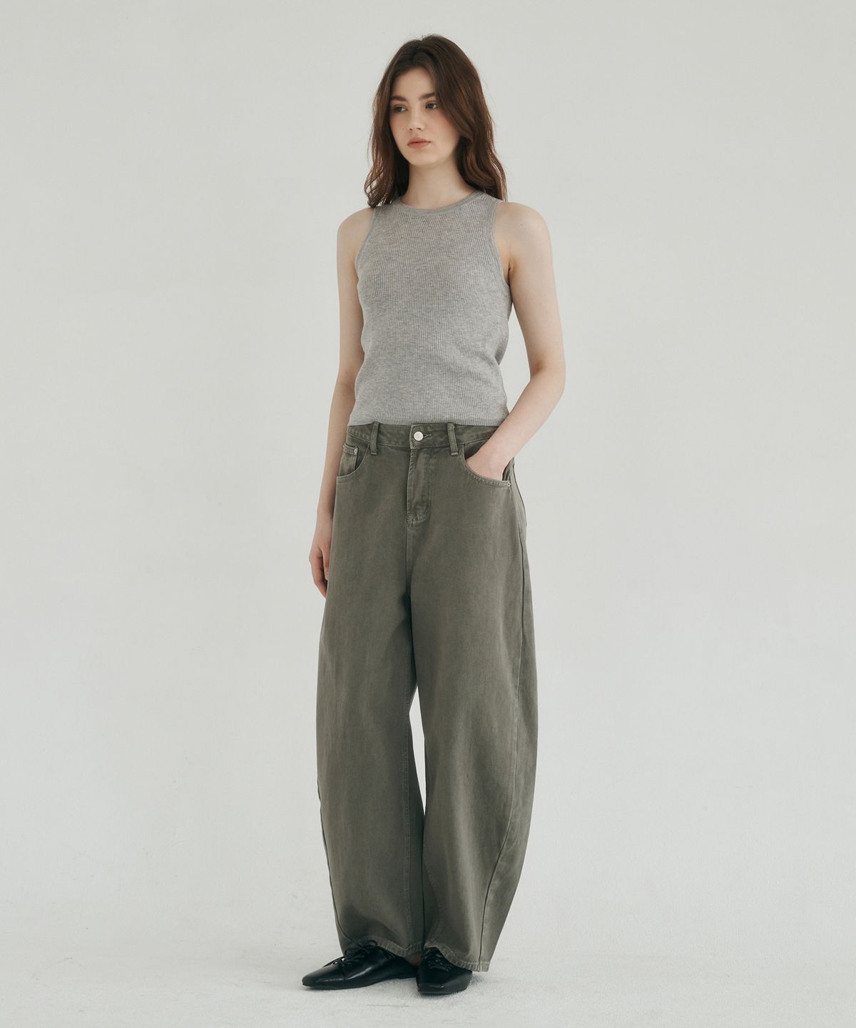 로시로우(LOSSYROW) Curved wide denim pants khaki