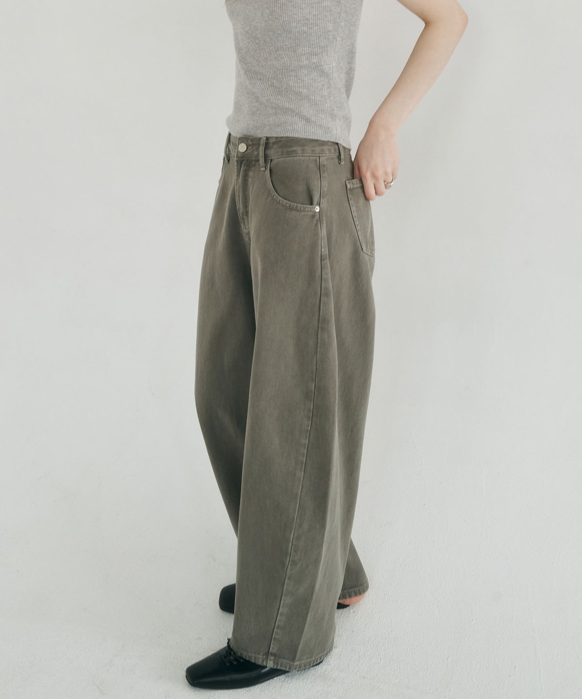 로시로우(LOSSYROW) Curved wide denim pants khaki