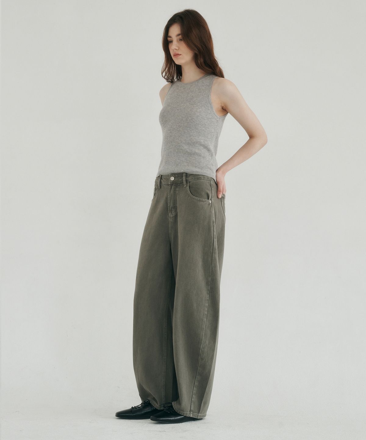 로시로우(LOSSYROW) Curved wide denim pants khaki