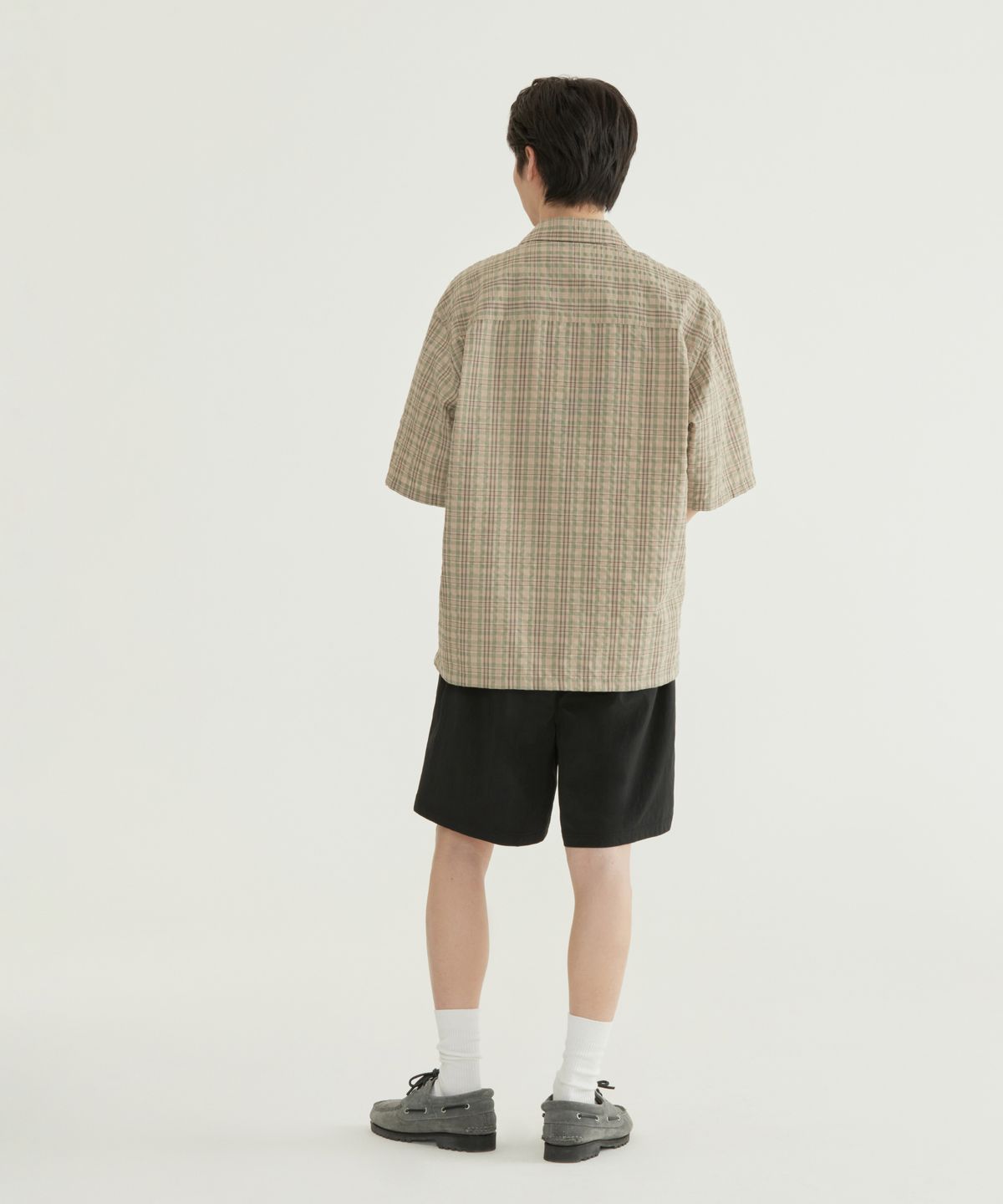 커버낫(COVERNAT) 시어서커 체크 오픈카라 하프 셔츠 카키 베이지
