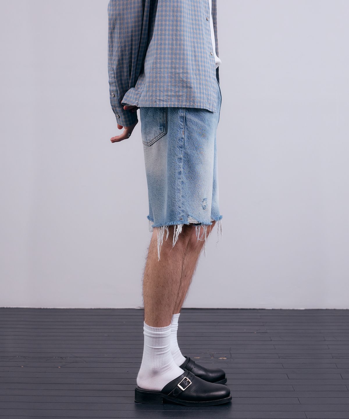 누아클레(NUAKLE) (m) 컷 엣지 하프 데님_블루