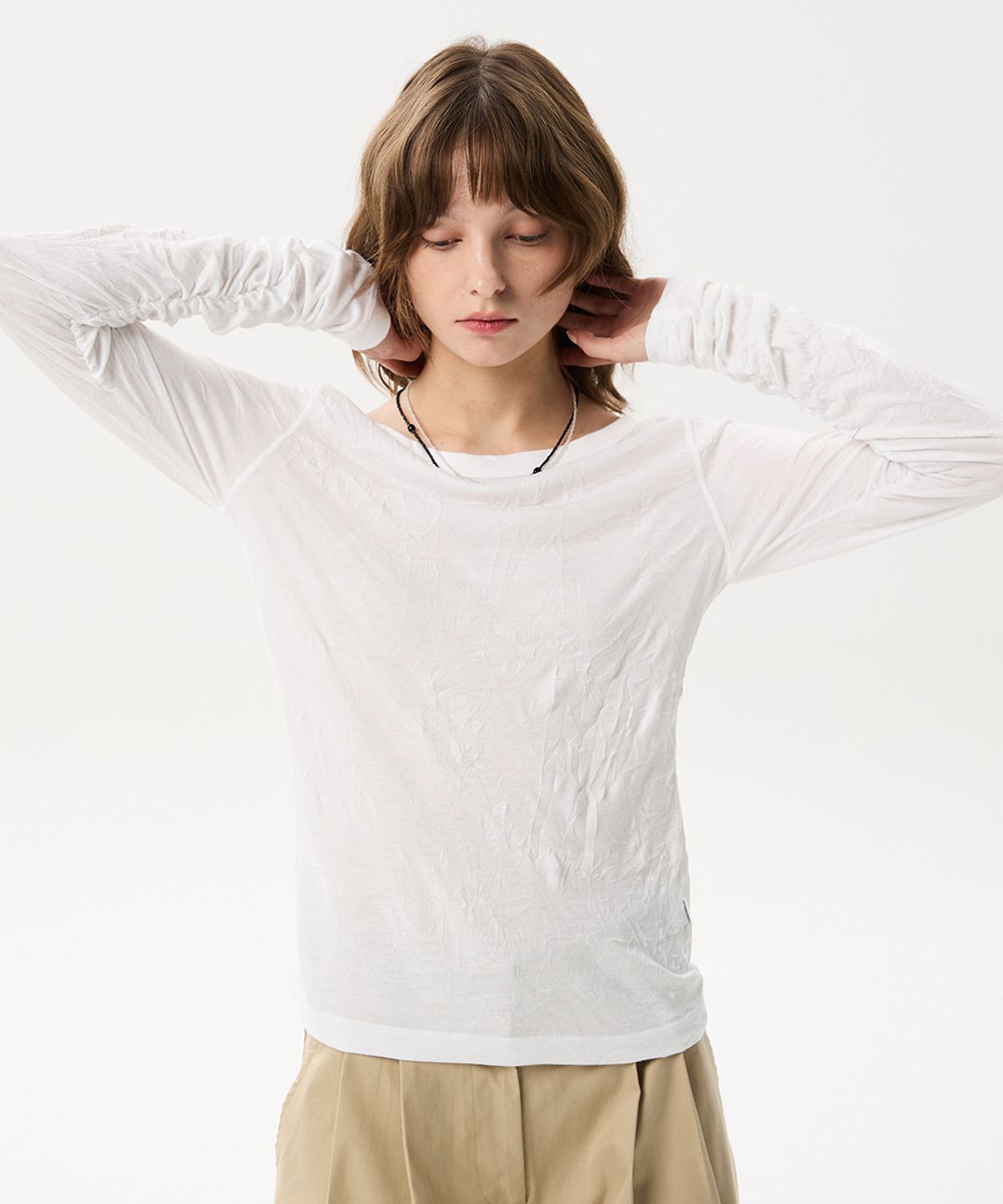 미드앤로우(MIDNLOW) Crinkle Long Sleeve T-shirts (White)