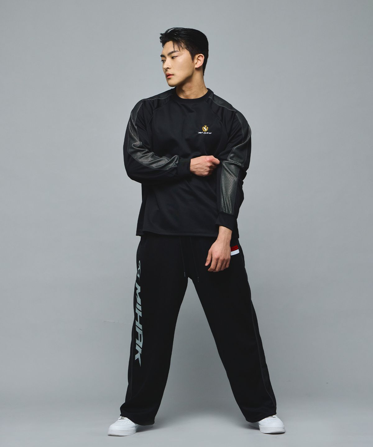 미학(MIHAK) 스폰서 로고 메쉬 저지 와이드 팬츠 (BLACK)