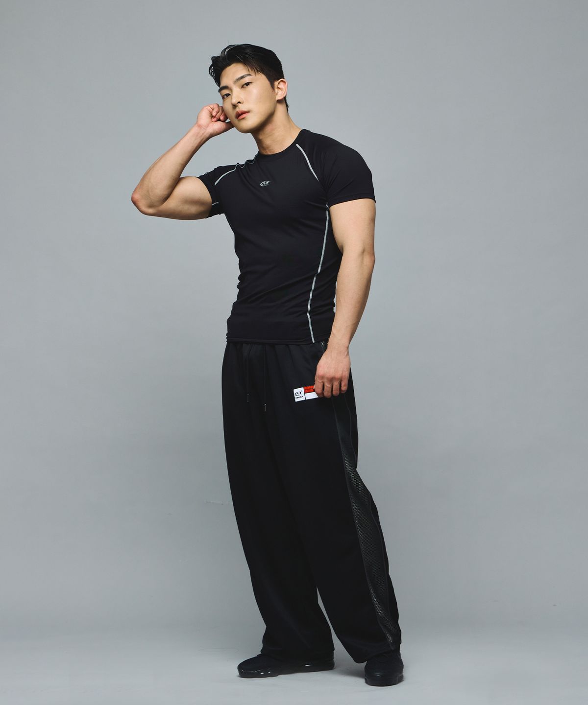 미학(MIHAK) 스폰서 로고 메쉬 저지 와이드 팬츠 (BLACK)