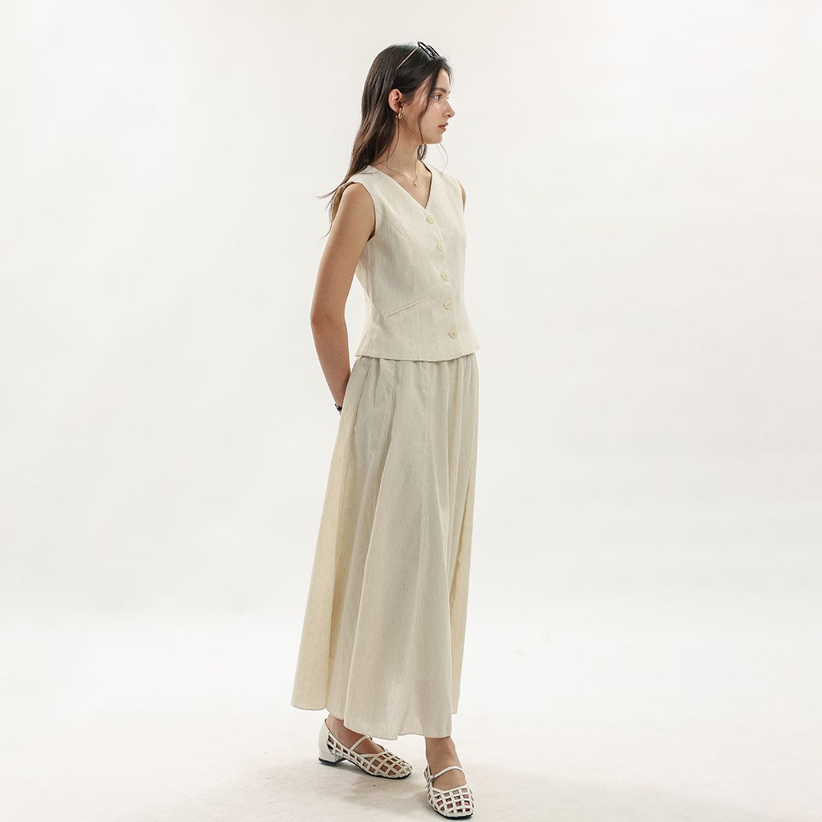 웬스데이딜라잇(WEDNESDAY DELIGHT) WD_Natural button vest skirt set_IVORY