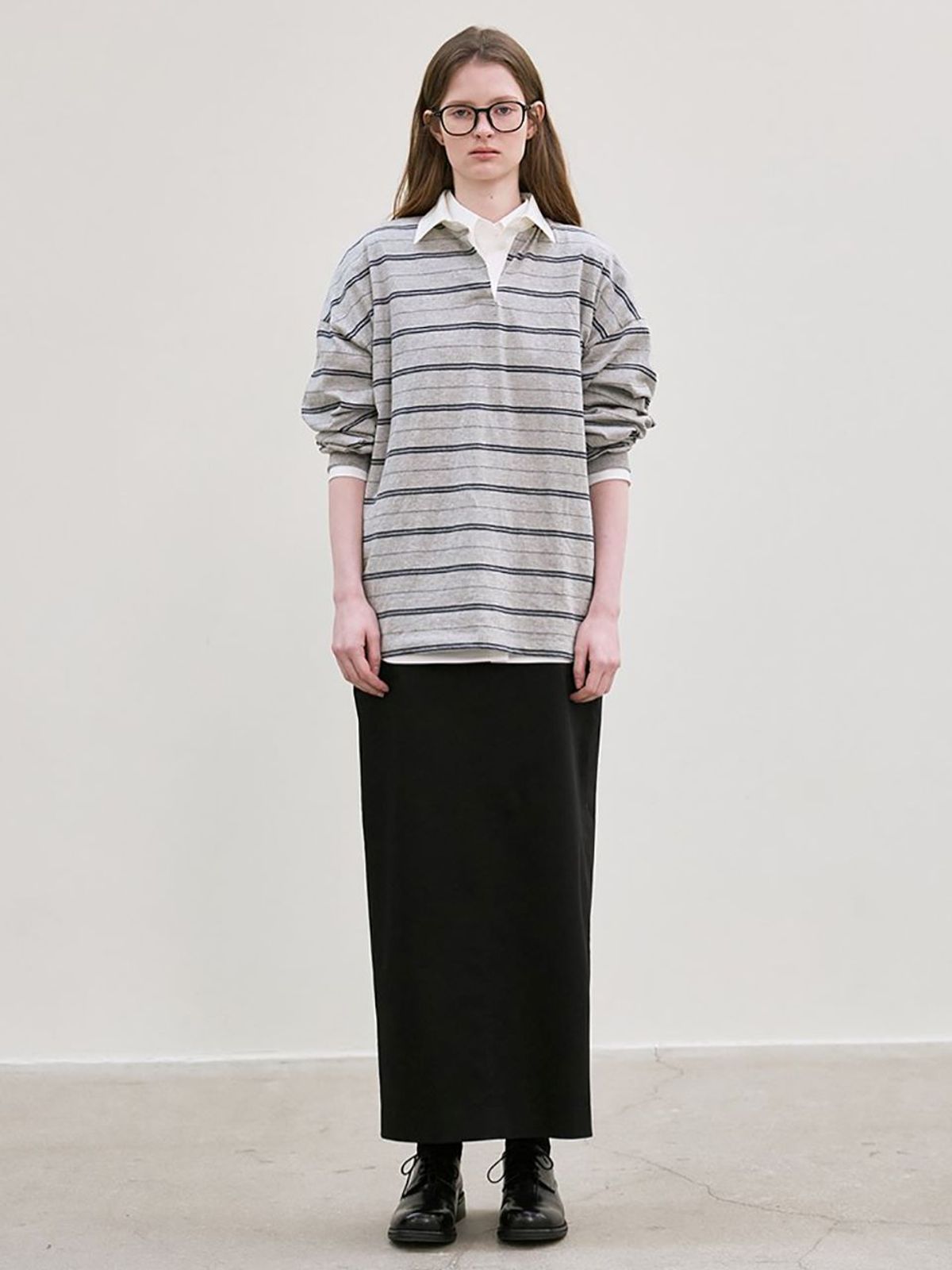 르(LE) stripe collared T-shirt (gray)