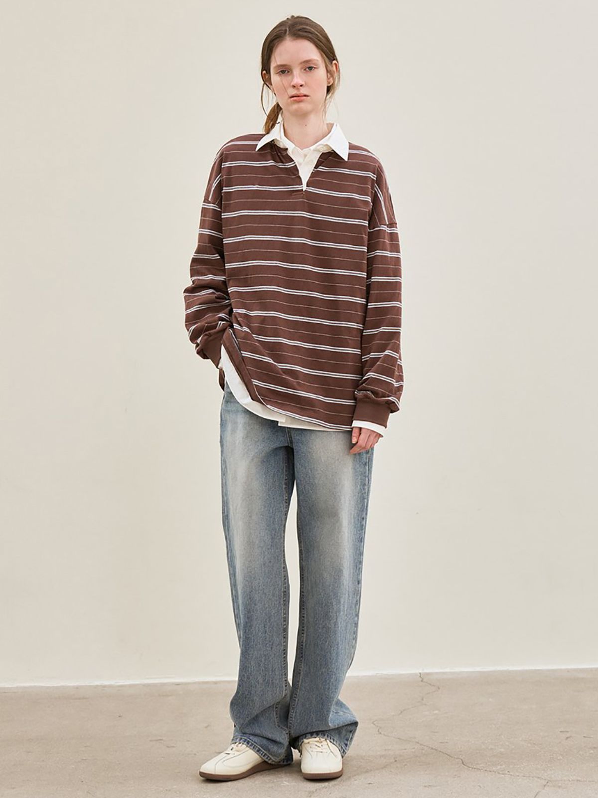르(LE) stripe collared T-shirt (brown)