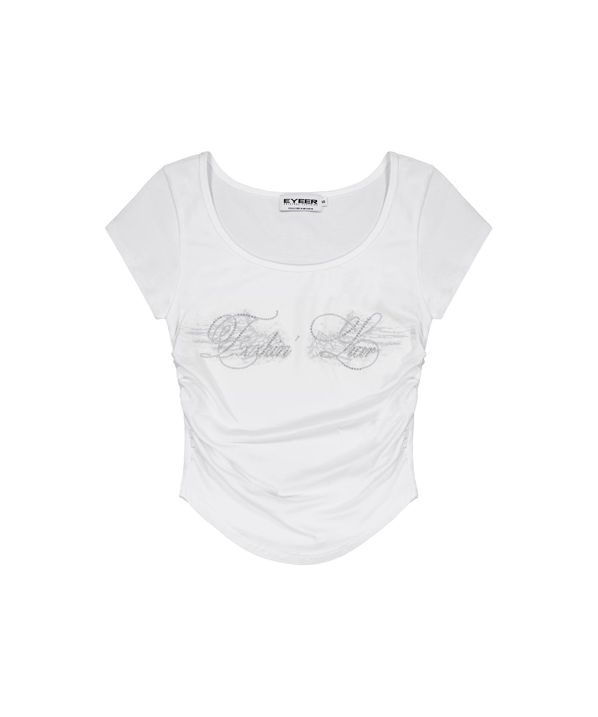 이와이이알(EYEER) Hotfix Logo Shirring Short Sleeve Top - White