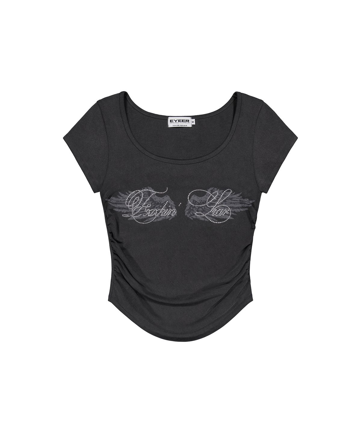 이와이이알(EYEER) Hotfix Logo Shirring Short Sleeve Top - Charcoal