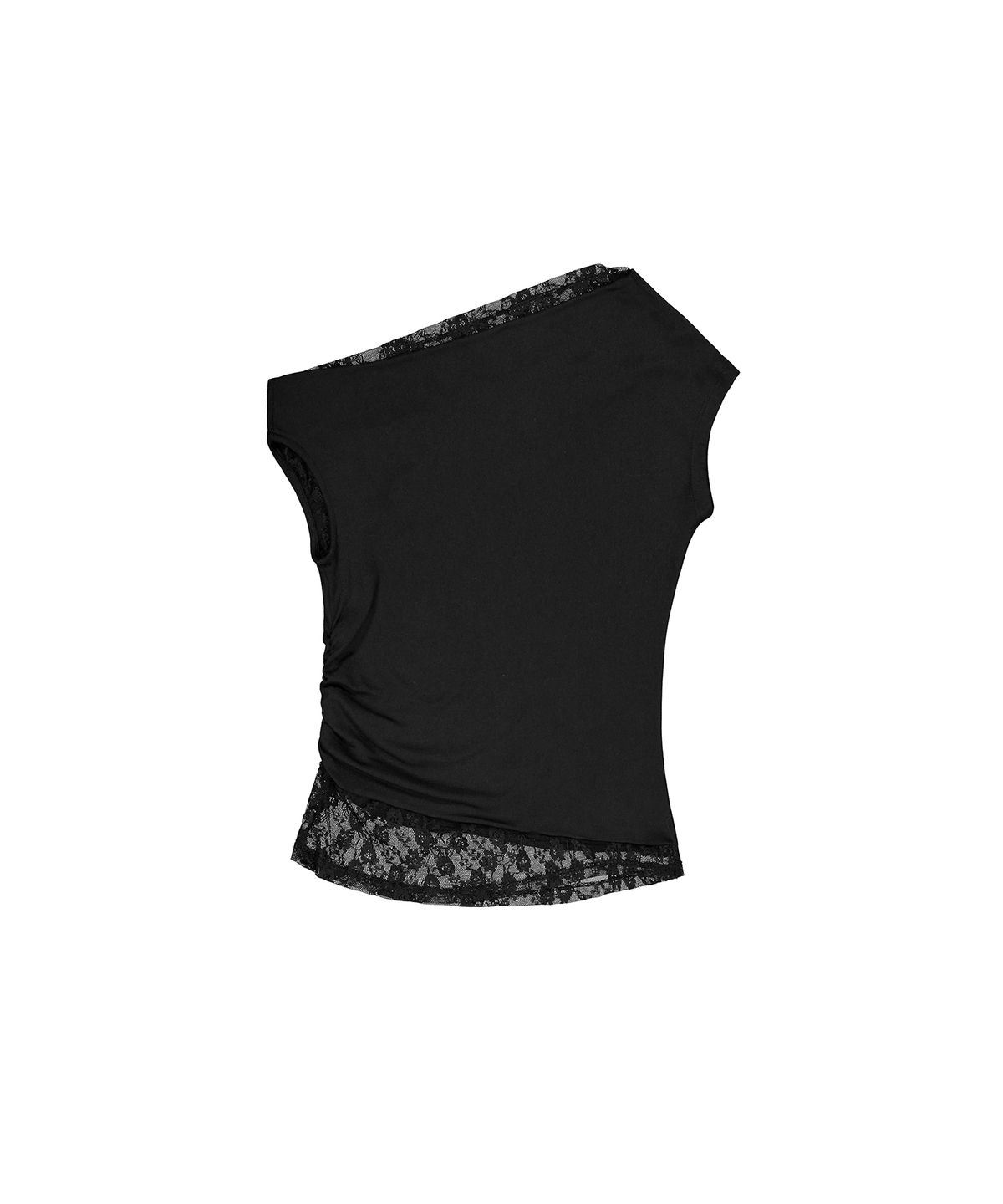 이와이이알(EYEER) Lace Layerd One Shoulder Short Sleeve Top - Black