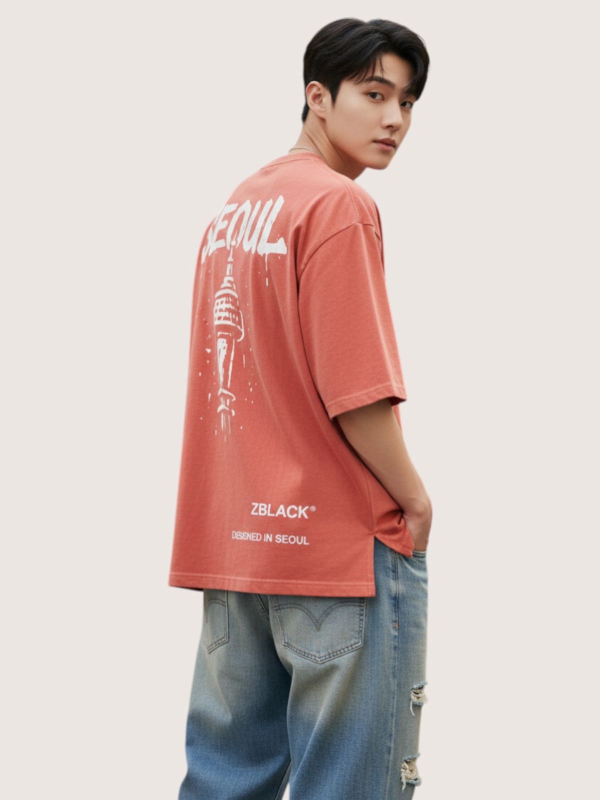 지블랙(ZBLACK) 패션위크 시티 서울 7부 티셔츠(CORAL)