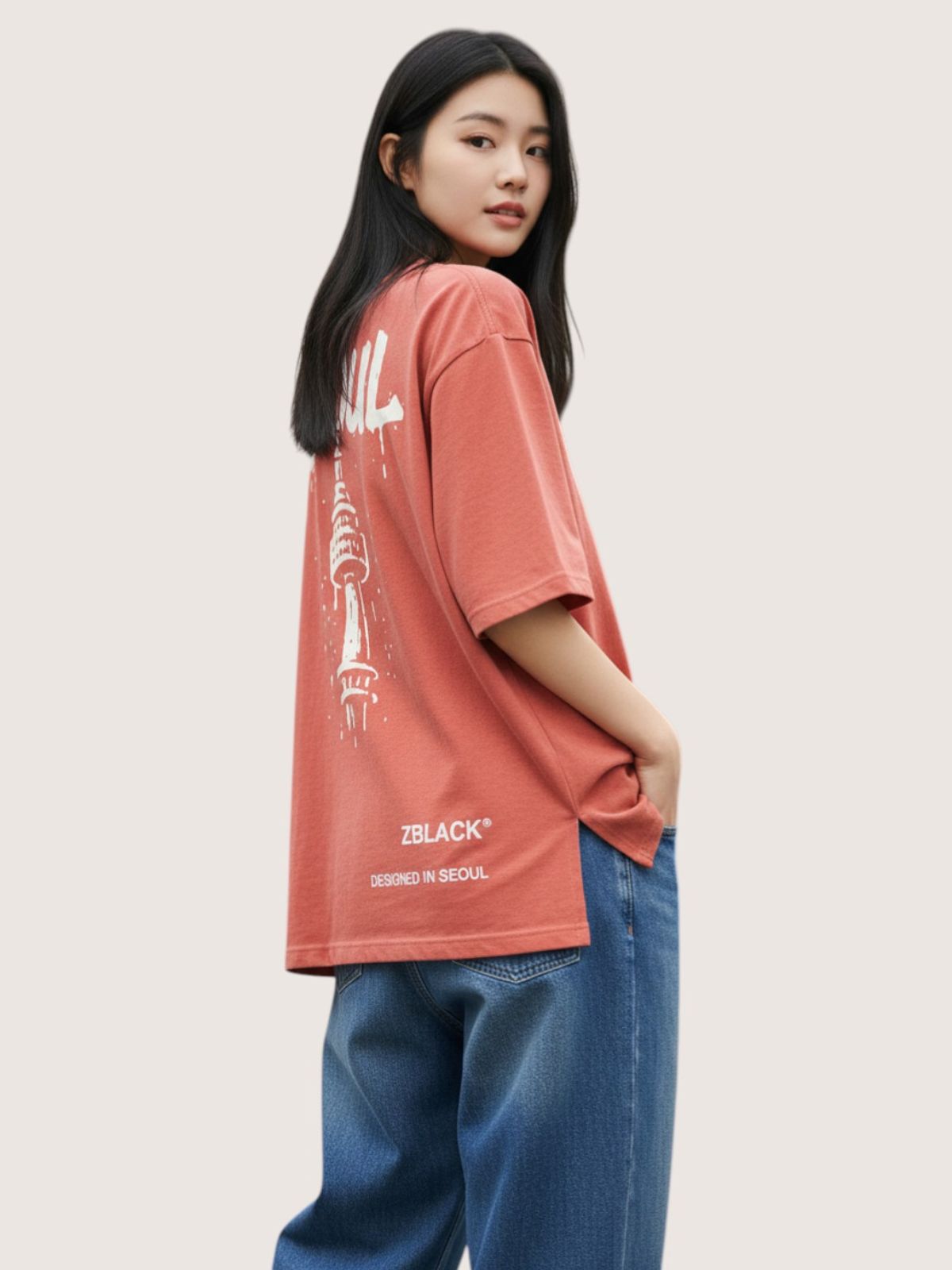 지블랙(ZBLACK) 패션위크 시티 서울 7부 티셔츠(CORAL)
