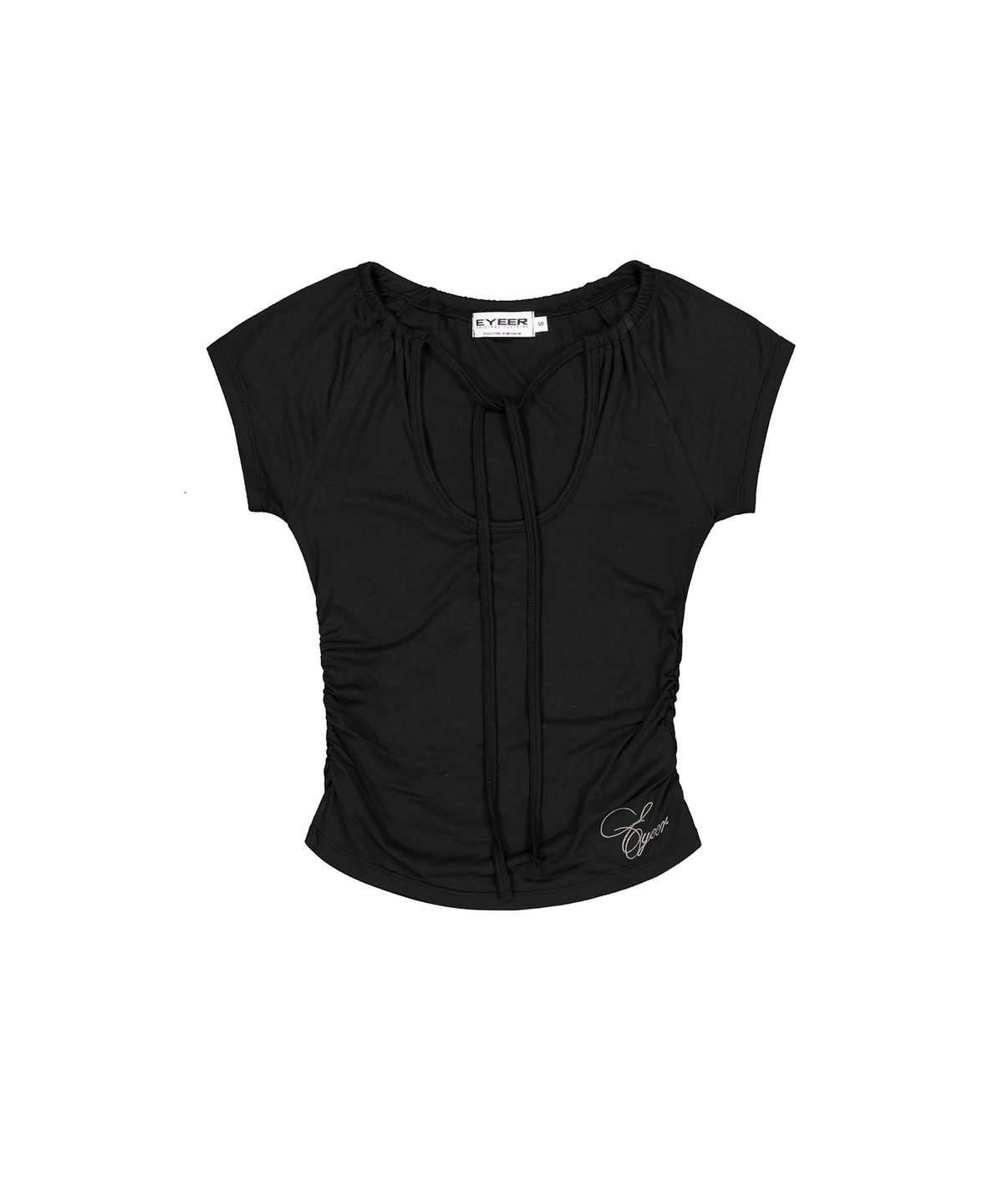 이와이이알(EYEER) Script Logo Tie Short Sleeve Top - Black