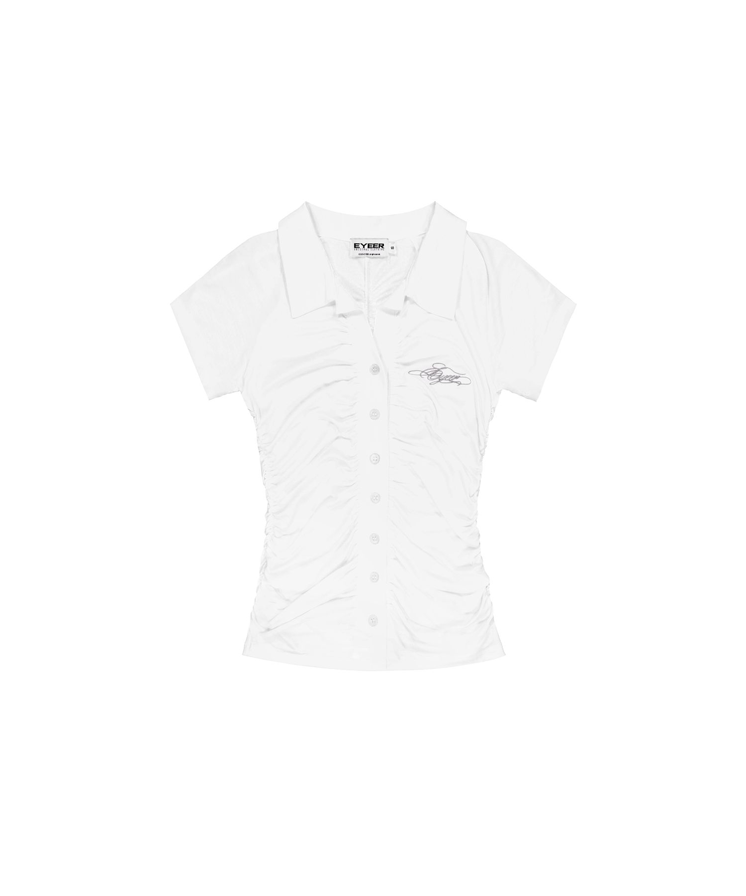 EYEER トップス 韓国 MUSINSA MUSINSA公式 | EYEER Script Logo Shirring Short Sleeve Shirt - White