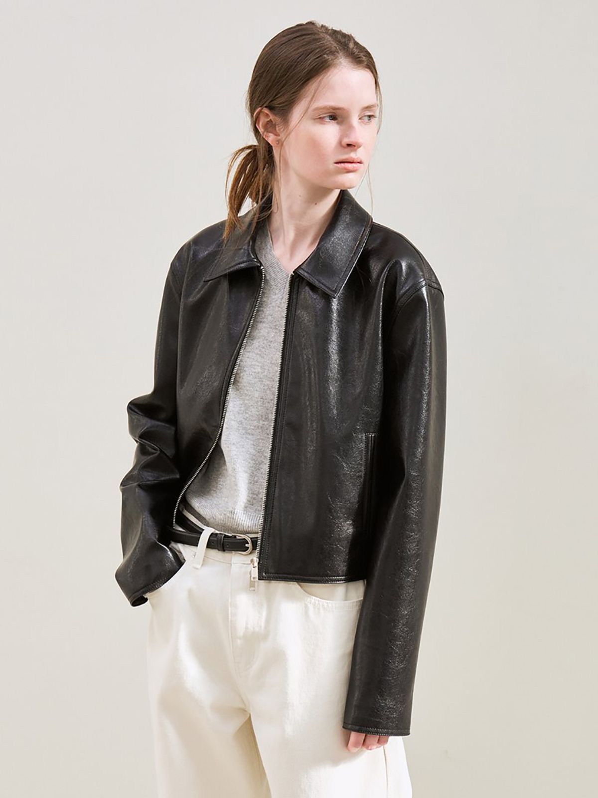르(LE) faux leather minimal jacket (black)