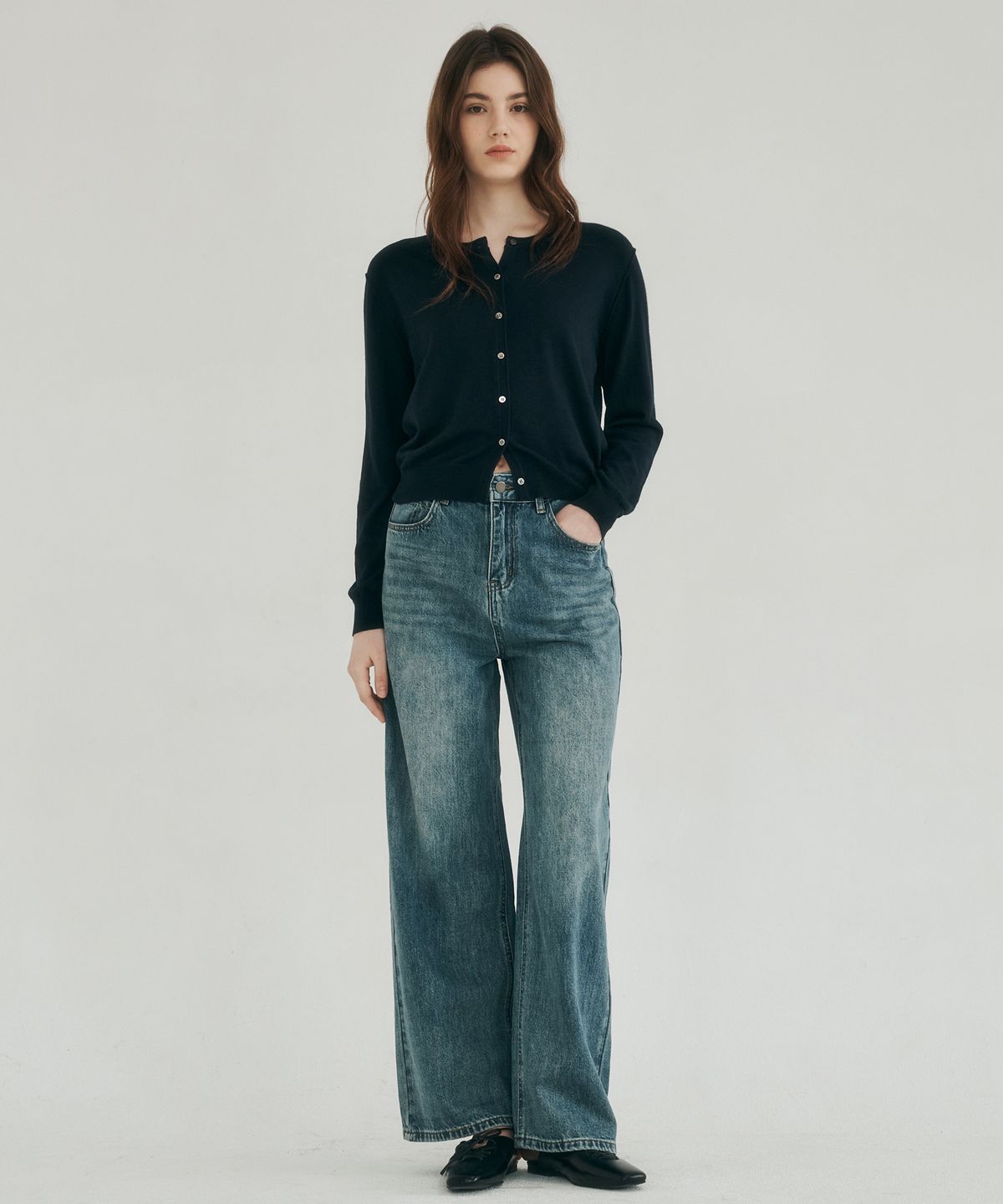 로시로우(LOSSYROW) Calm line semi wide denim dark blue