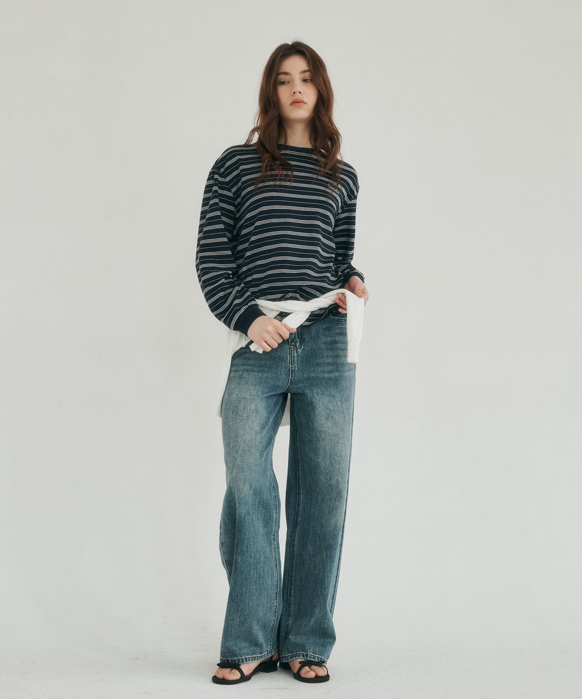 로시로우(LOSSYROW) Calm line semi wide denim dark blue