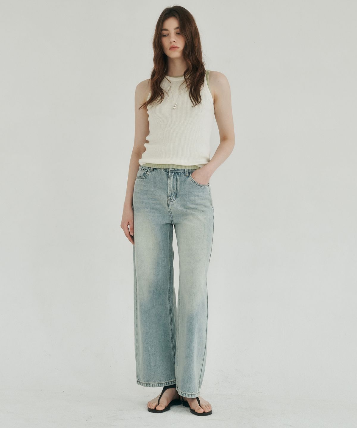 로시로우(LOSSYROW) Calm line semi wide denim light blue