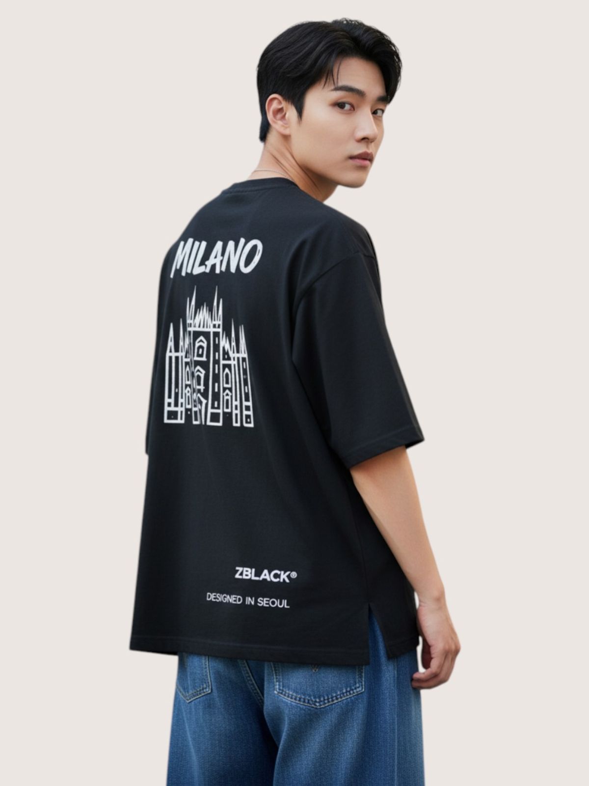 지블랙(ZBLACK) 패션위크 시티 밀라노 7부 티셔츠(BLACK)