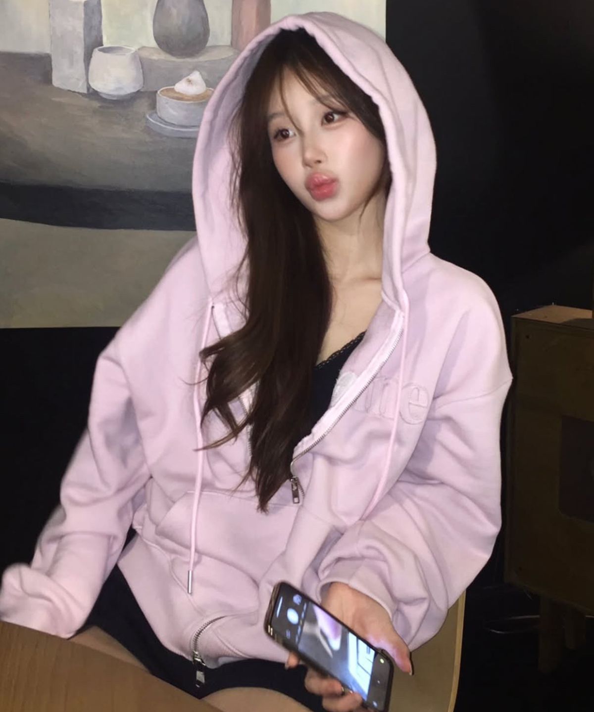 스트라이프마가린(STMG) 마가린 아플리케 루즈 투웨이 지퍼 후드집업 핑크
