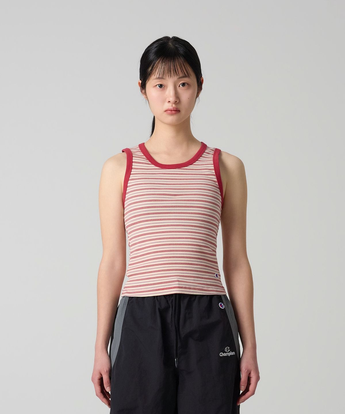 챔피온(CHAMPION) 여성 C로고 스트라이프 슬리브리스 Red