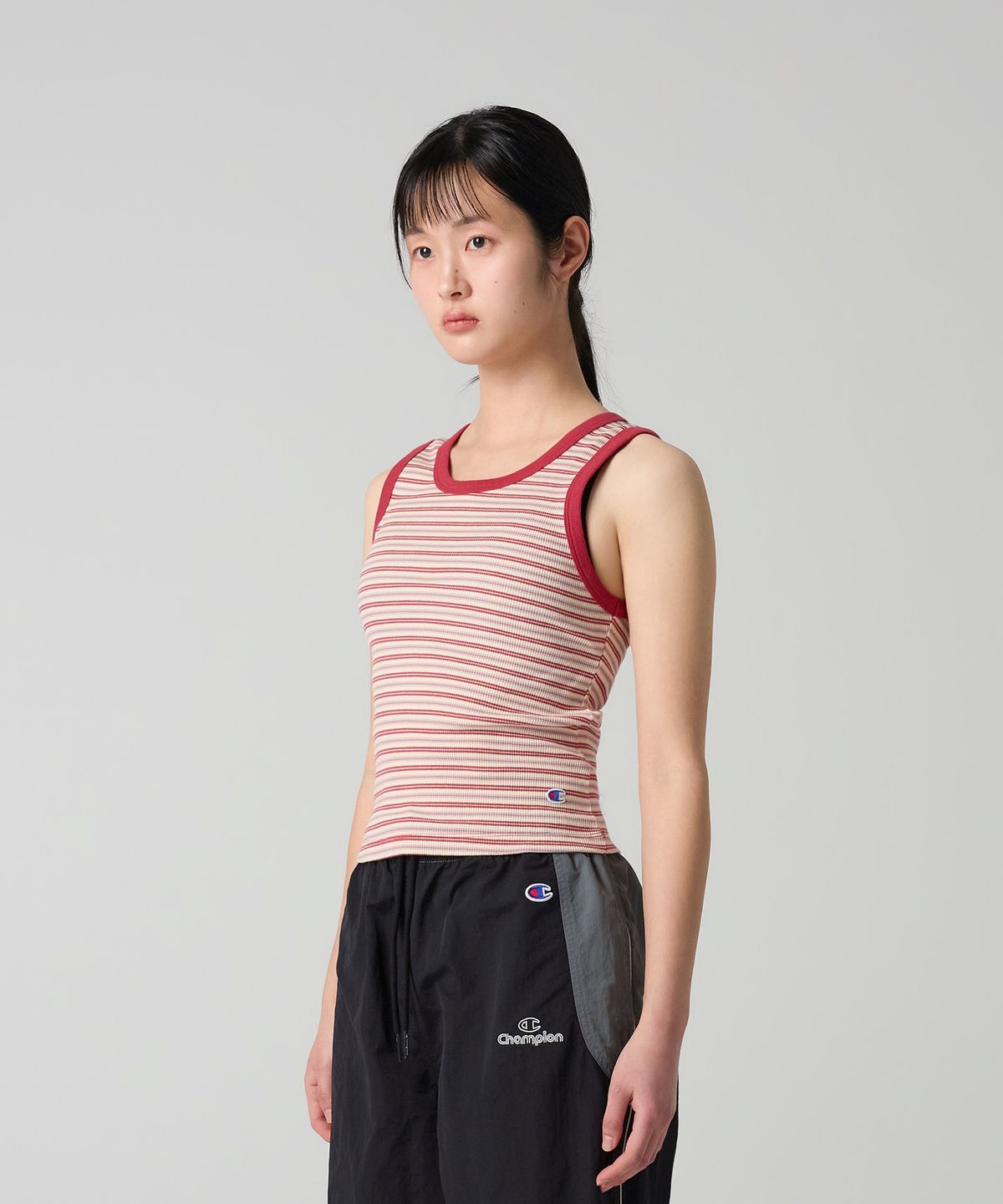 챔피온(CHAMPION) 여성 C로고 스트라이프 슬리브리스 Red
