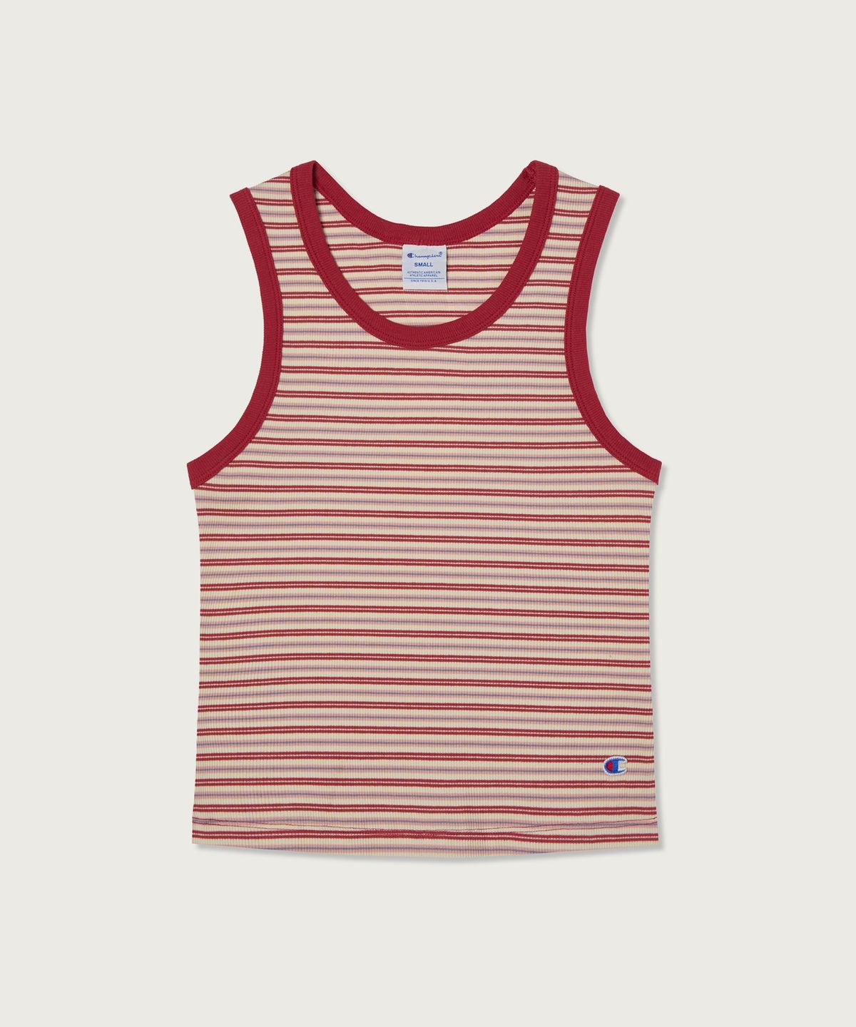 챔피온(CHAMPION) 여성 C로고 스트라이프 슬리브리스 Red
